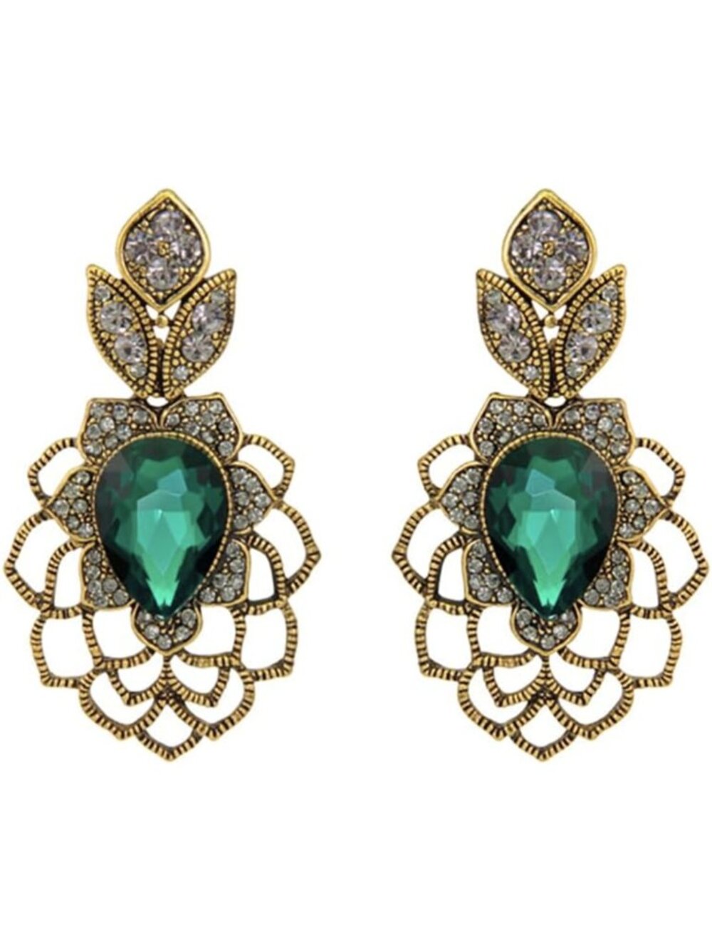 Large Vintage Art Deco Dark Green Rhinestone Dangle Earrings for Weddings & Prom